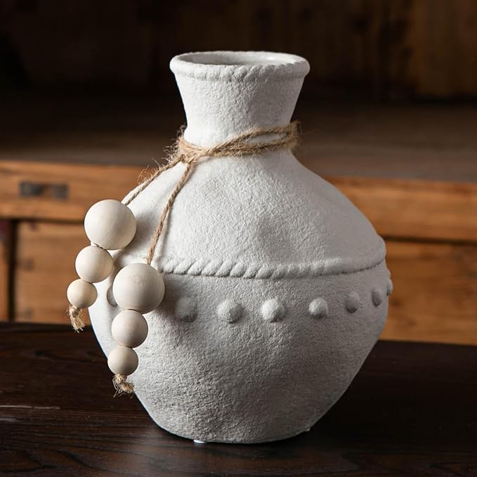 Mowtanco Rustic Ceramic Vase with Boho Wooden Beads, Matte Decorative Pottery for Modern Farmhouse and Bohemian Decor, Floral Arrangements, Living Room, Dining Table Centerpieces