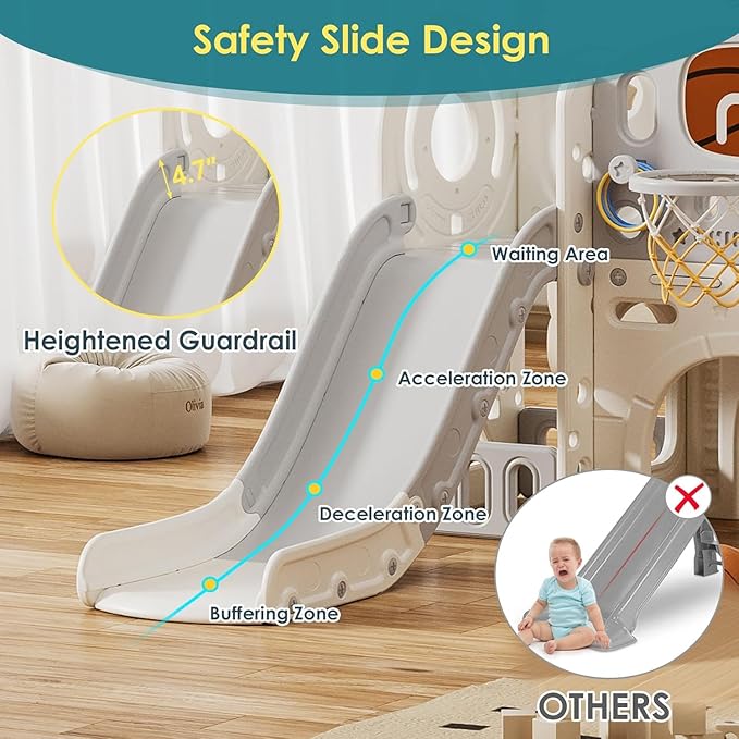 BIERUM 10 in 1 Toddler Slide with Basketball Hoop, Outdoor Slide for Toddlers Age 1-3 with Kid Playhouse, Indoor Toddler Playset Toddler Playground with Kitchen Toys Set Beige Gray