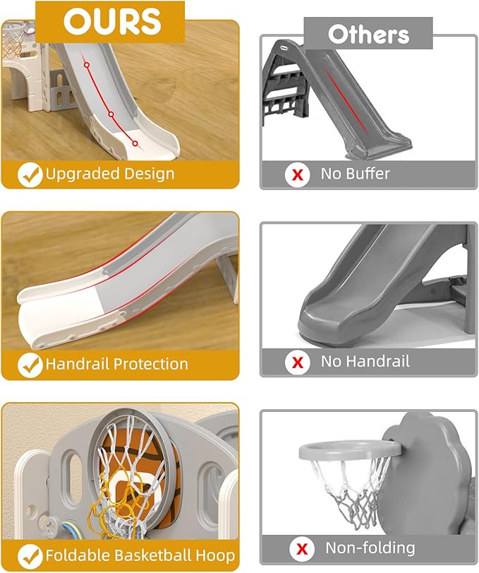 YUFU 9 in 1 Toddler Slide Set, Kids Slide for Toddlers Age 1-3, Toddler Playset with Basketball Hoop and Ball, Outdoor Indoor Playground for Toddlers 1-3 (Beige+Gray)