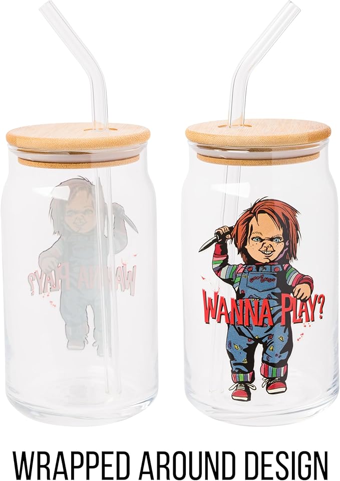 Silver Buffalo Chucky "Wanna Play" Scary Glass Jar Tumbler with Bamboo Lid and Glass Straw, 16 Ounces