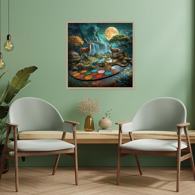 Magic Deer Landscape Puzzles for Adults 1000 Pieces, Fantasy Moon Mountain Tree Jigsaw Puzzle, Colorful Difficult Art Puzzles