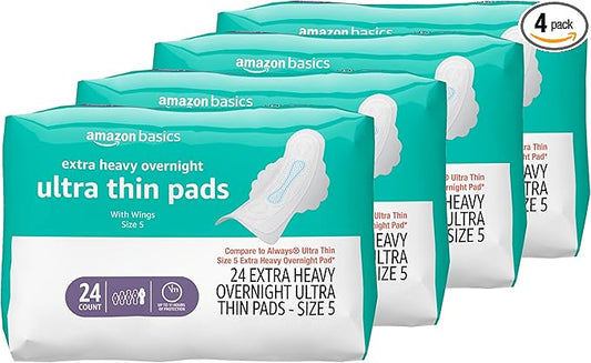 Amazon Basics Extra Heavy Overnight Feminine Pads for Women, Ultra Thin with Flexi-Wings, Unscented, Size 5, 96 Count (4 Packs of 24)