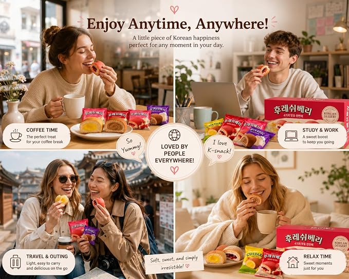 Orion Korean Sweet Dessert Variety Pack, Custard Soft Cake Assortment, Individually Wrapped Korean Snacks, Custard, Strawberry, Peach & Royal Milk Tea Flavors, 12 Packs Total, 0.88 oz Each