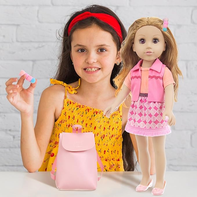 18 Inch Girl Doll Playset with Doll Clothes and Accessories Including 18 Inch Doll Jacket T-Shirt Skirt Shoes backbag Hairband for Little Girl