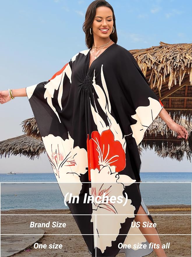 ChiaoLezhee Print Moo-Moos for Women, Kaftan Cover-Up Dresses, Sexy V-Neck High-Slit, Beach Pool-Party Coverups Muumuu Plus
