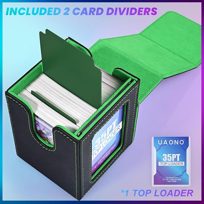 UAONO Card Deck Box with MTG Commander Display, Deck Case Holds 100+ Double-Sleeved Cards, Trading Card Storage Box Fits TCG/PTCG/Sports Card with 2 Dividers, 1 Top Loaders (Black, Dark Green)