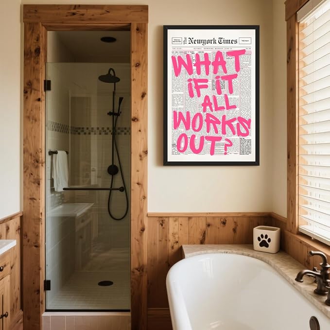 What If It All Works Out Poster Retro Newspaper Pink Wall Art Positive Affirmation Quote Minimalist Canvas Painting Prints Wall Decor Aesthetic for Home Bedroom Office 12x18inch Black Framed