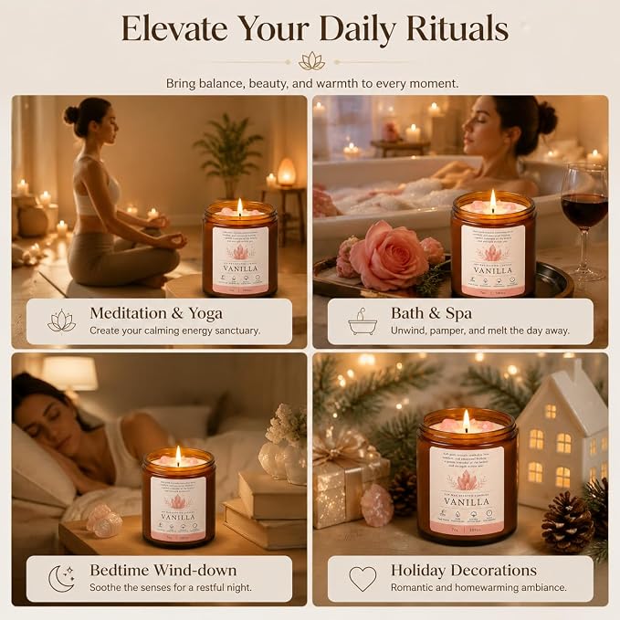 Vanilla Soy Candle with Crystal 7oz Scented Candles Aromatherapy Candle | Up to 40 Hours Burning Time | 100% Natural Soy Wax Jar Candle for Home Yoga | Gift Crystal Candle for Women