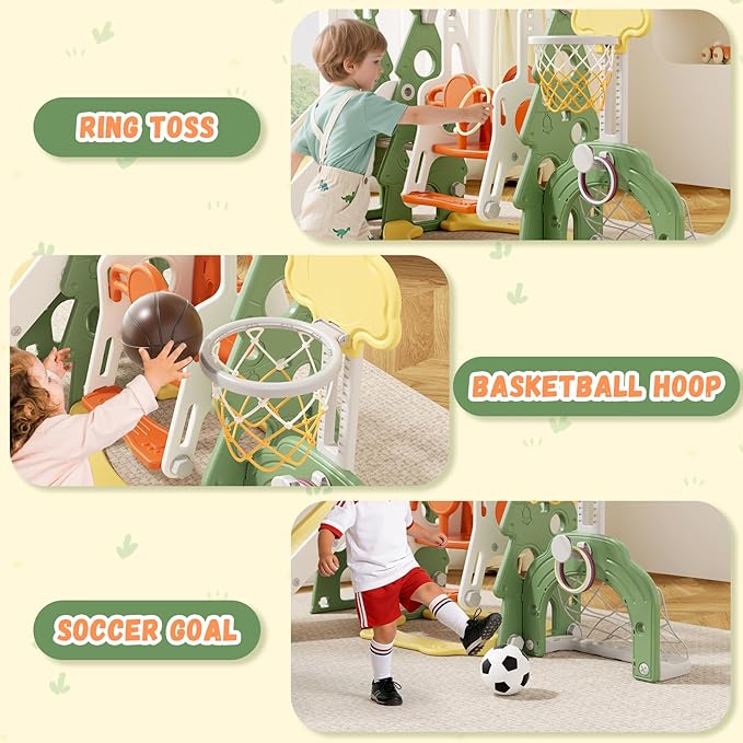 XJD 6-in-1 Toddler Slide and Swing Set, Kids Slide for Toddlers Age 1+, Toddler Outdoor Playset with Basketball Hoop, Football Frame, Swing, Christmas Birthday Gifts for Kids (Green)