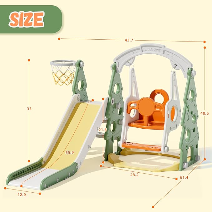 XJD 4-in-1 Toddler Slide and Swing Set, Kids Slide for Toddlers Age 1+, Toddler Outdoor Playset with Basketball Hoop, Swing, Christmas Birthday Gifts for Kids (Green)