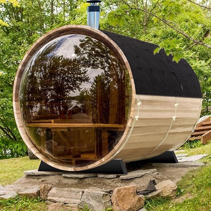 Outdoor Barrel Sauna, 4-5 Person Panoramic Saunas Room, Wood Burning Stove with Sauna Stone, Saunas Accessories and Asphalt Shingle Roof (Helmock, Wood Burning, 70.86"x74.86"x74.86"