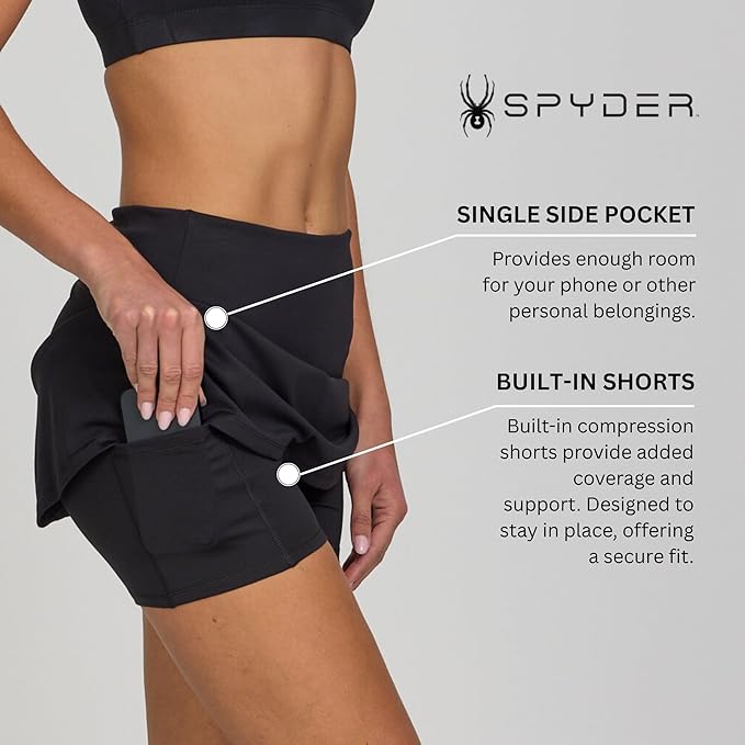 Spyder Skorts for Women - Built-in Shorts, Skirt for Golf Tennis Pickleball | Stretch fabric; true to size; inner shorts liner; lightweight; breathable; ideal for gym, running, yoga, hiking, work outs