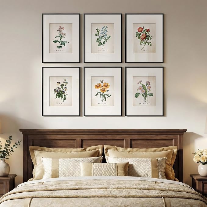 Framed Botanical Floral Wall Art, Set of 6 Vintage Wildflower Prints with Mat, Rustic Farmhouse Nature Flowers Artwork for Bedroom Living Room Hallway Dining Room Modern Neutral Home Decor, 11x14 In