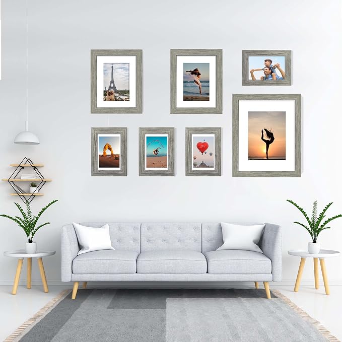 Hongkee 11x14 Picture Frame Set of 4, Made of Real Glass and Grey Wooden Frame, Display 8x10 Pictures with Mat or 11 x 14 Posters without Mat for Wall Mounting, Gallery Photo Frames