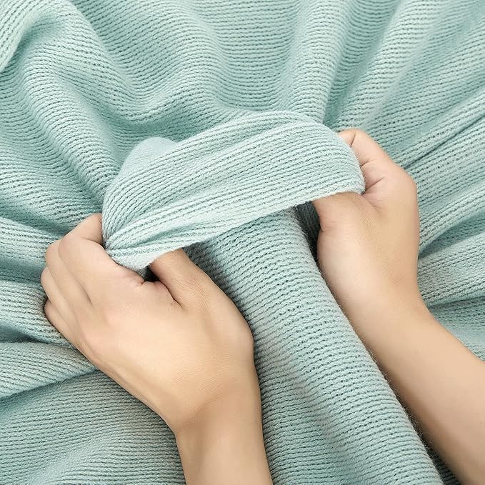 Homiest Light Green Knitted Throw Blanket with Fringe, 50x60 Inch | Pure Acrylic, Lightweight & Breathable, All-Season Use, Machine Washable, Wrinkle & Fade Resistant, for Couch Sofa And Bed