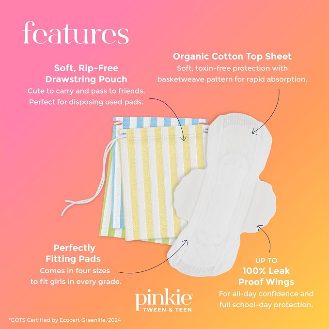 Pinkie First Period Prep Pouch w/ 4 Organic Cotton Pads for Teens & Tweens | First Period Travel Pouch with Mini, Small & Regular Ultra Thin Pads with Wings for Tweens & Teens; Fragrance & Chlorine Free