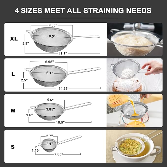Walfos Extra Fine Mesh Strainer Set of 4-9.35", 6.95", 4.6", 2.7", Stainless Steel 30 Mesh Sieve with Sturdy Handle, Kitchen Food Strainers Sifters for Quinoa, Pasta, Fruits, Vegetables, Rice, Tea