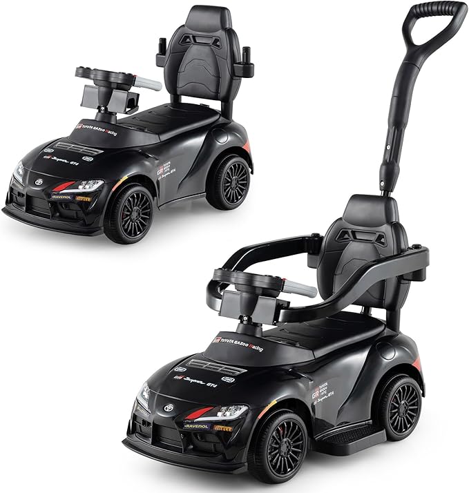 Costzon Push Car for Toddlers, 3 in 1 Toyota Licensed Stroller Sliding Walking Car w/Handle, Music, Safety Guardrail, Under-Seat Storage, Foot-to-Floor Kids Ride On Toys for Boys Girls (Black)