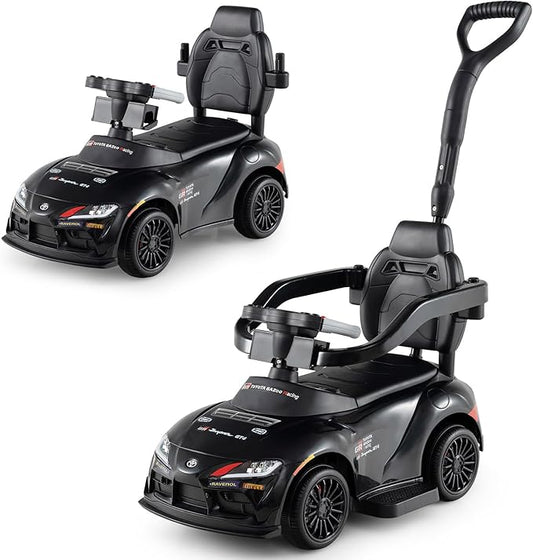 Costzon Push Car for Toddlers, 3 in 1 Toyota Licensed Stroller Sliding Walking Car w/Handle, Music, Safety Guardrail, Under-Seat Storage, Foot-to-Floor Kids Ride On Toys for Boys Girls (Black)