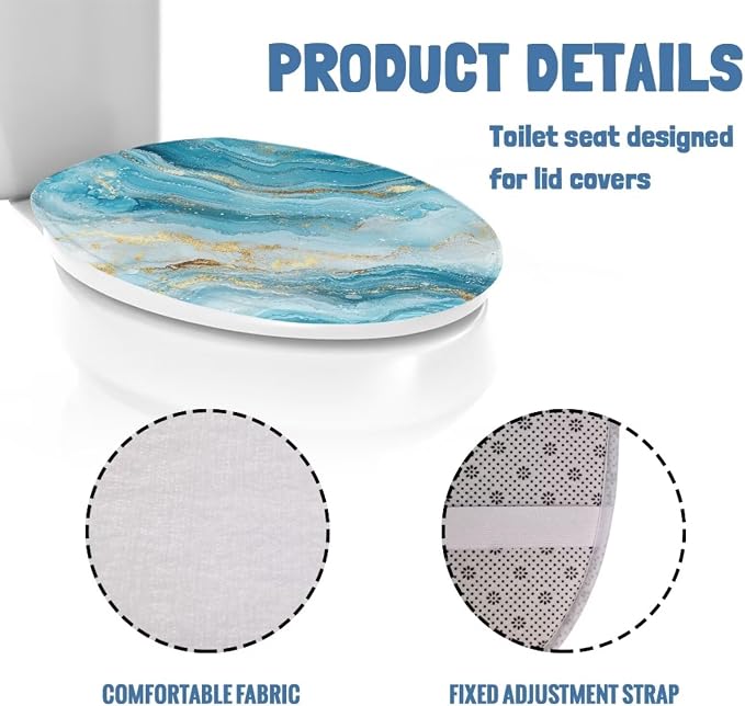 Blue Marble Toilet Seat Cover Elongated Replacement for Bathroom Decor Machine Washable White Marble Universal for Most Toilet Bowl Lids Elastic Bottom Soft