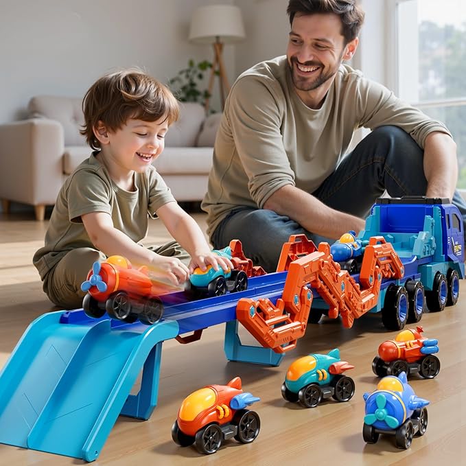Toddler Car Truck Toys for Kids Boys Ages 3-5, 10-in-1 Foldable Carrier Space Truck Toys with Lights & Sounds and 9 Race Cars, Birthday Gift for 3 4 5 6 7 8 Years Old Boys Girls