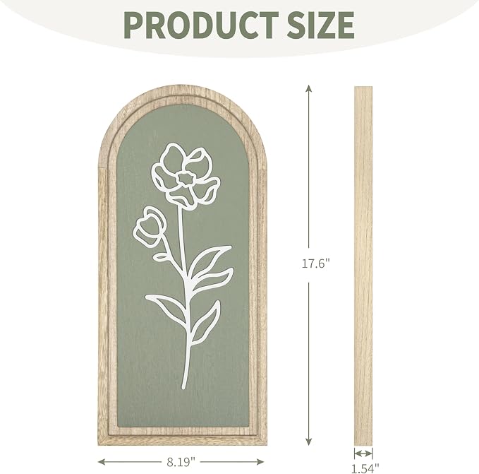 Sage Green 3D Wooden Floral Wall Art Set of 2, Arched Bathroom Wall Decor | Raised white floral cutouts in arched wood frames; ready-to-hang boho botanical decor for bedrooms, hallways and entryways