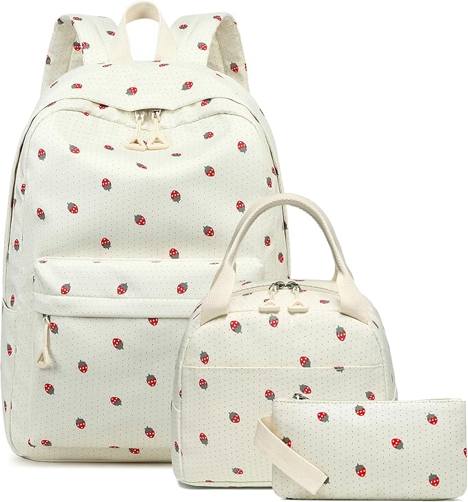 Bluboon Teen Girls School Backpack Kids Bookbag Set with Lunch Box Pencil Case Travel Laptop Backpack Casual Daypacks (Strawberry beige base)