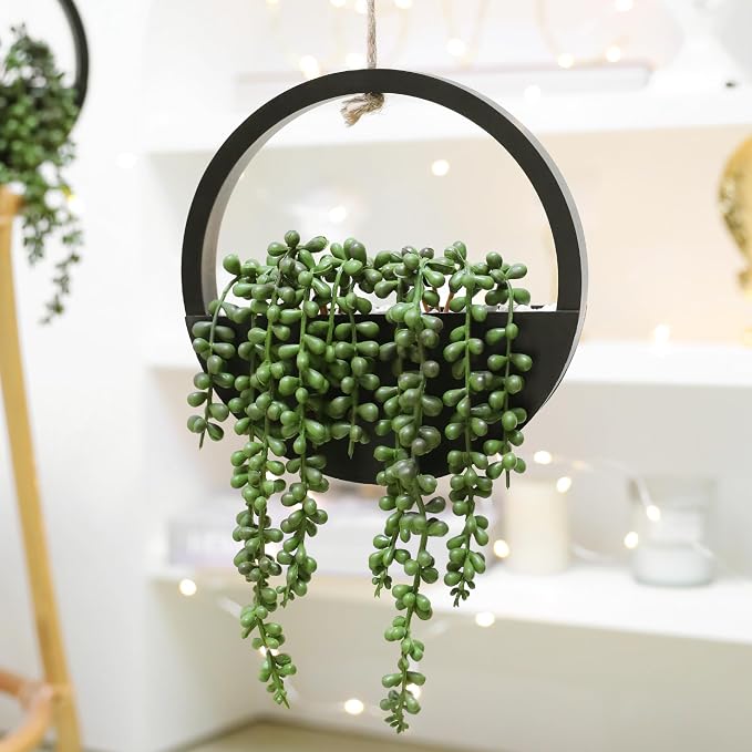 2pcs Artificial Succulents Hanging Plants 20.1'' Fake String of Pearls in Pot with 9.4'' Lanyard for Indoor Outdoor Wall Decor (Black)