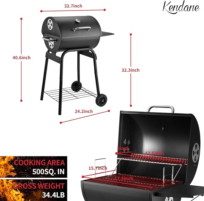 Kendane Barrel Charcoal Grill, Large Charcoal Grills with Side Shelf, Outdoor BBQ Grill,Perfect for Backyard Camping, Patio Parties and Picnics