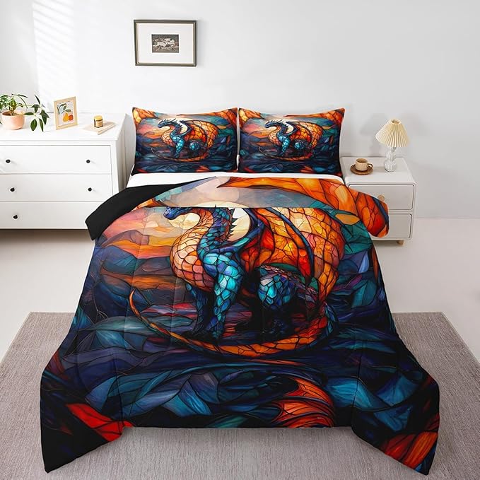 Feelyou Dragon Comforter Set King Size Dragon Stuff Comforter for Boys Girls Teens Wild Life Bedding Set Dragon Decor Duvet Set Room Decor Orange Blue Quilt Set