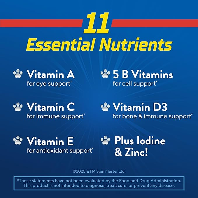 L’il Critters Paw Patrol Gummy Vites Daily Gummy Multivitamin for Kids, Vitamin C, D3 for Immune Support Cherry, Orange and Blueberry Flavors, 190 Gummies