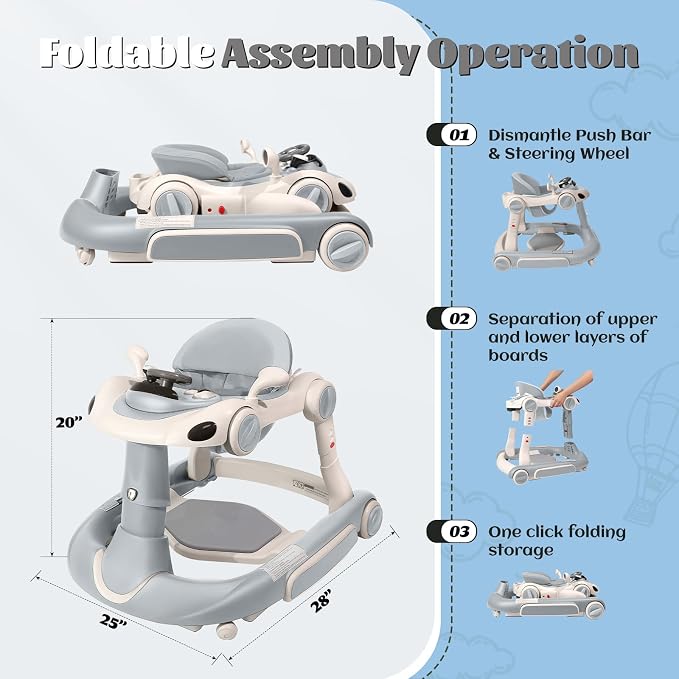 Baby Walker, 4-in-1 Baby Walker with Wheels Portable, Foldable Infant Toddler Walker for Boys Girls 6-18 Month,Removable Footrest,Car Steering Wheel & Music, Adjustable Push Walker Grey