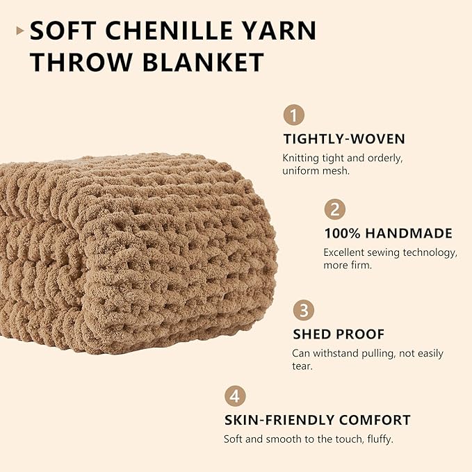 L'AGRATY Chunky Knit Throw Blanket for Couch, 80'' x 90'' Knit Throw, Tan | Handmade Chenille Crochet Blanket for Sofa Bed, Thick Cable Knitted Blankets for Room Home Decor, Birthday Gift for Women Mom