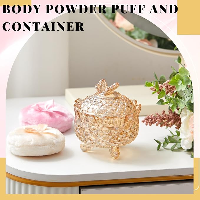 Tioncy 3 Pcs Large Body Powder Puff and Container Valentine's Day gift Powder Container with Puff Crystal Case Soft Washable Reusable Velour Face Body Glitter Wet Dry Makeup(Butterfly,Amber)