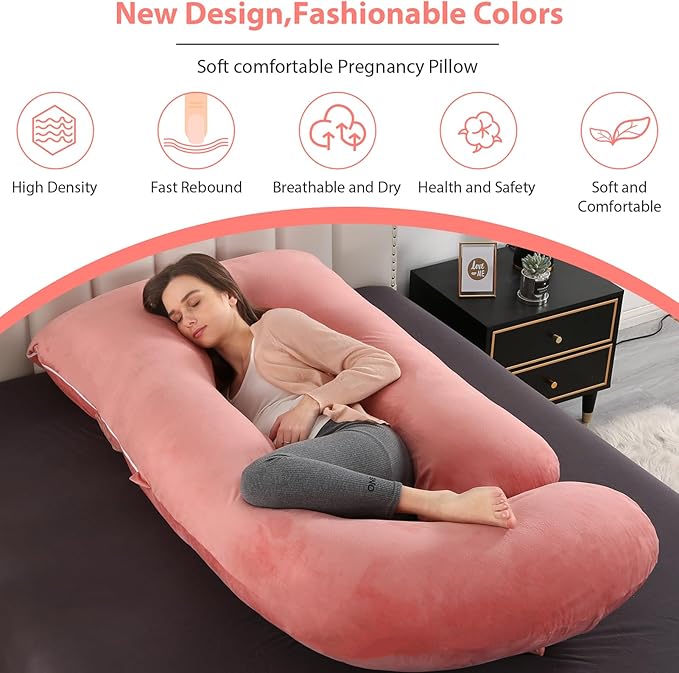 BATTOP Pregnancy Pillow,Pregnancy Pillows for Sleeping,Full Body Pillow with Removable Cover,Support for Back,Legs,Belly,Hips,57 Inch Maternity Pillow,Pregnancy Must Haves（Pink）