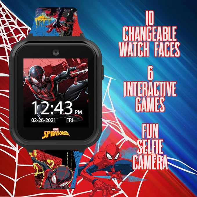 Spider-Man Kids LED Smartwatch with 10 Watch Faces, Flashing LED Bezel, Step Counter, Selfie and Video Camera, Timer, Stopwatch, Alarm, Calculator, Fun Games, and 3 Wallpapers – Fits Wrists 5.5"-8.0"