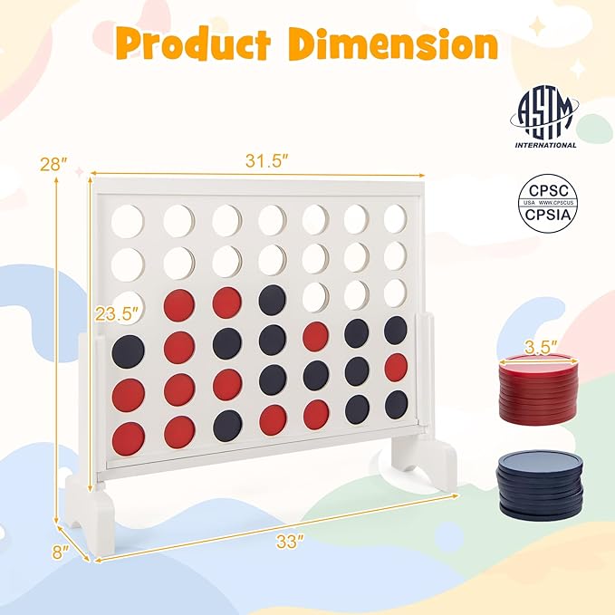Costzon Giant 4-in-a-Row Game Set, Wooden Jumbo 4-to-Score Game with 42 PCS Chips & 600D Oxford Fabric Carrying Bag, Indoor Outdoor Line-up-4 Game for Kids & Adults, Ideal for Camping (White)