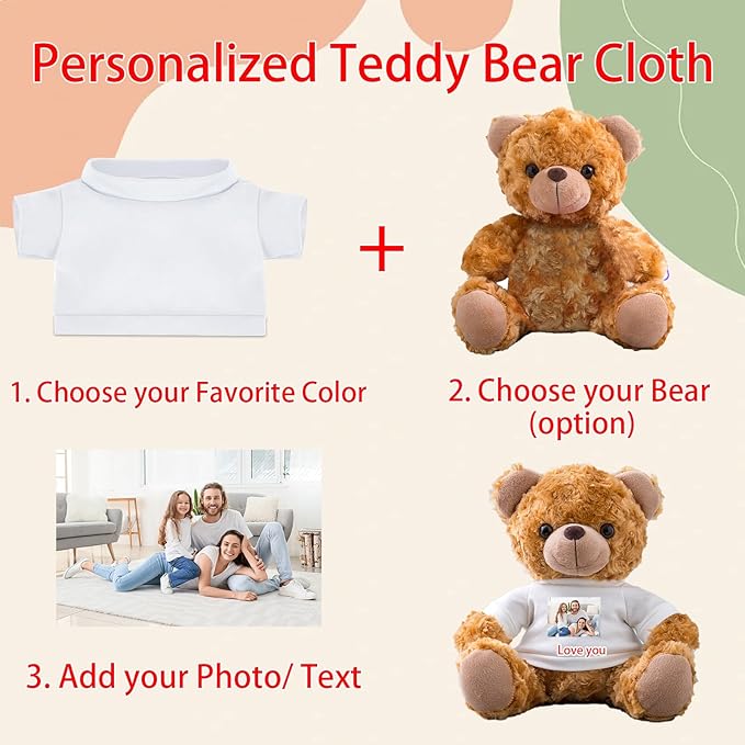 Personalized Teddy Bear Clothes with Photo Text, Custom Stuffed Animal Clothing Fit 8-16inch Stuffed Bear Clothes, Personalized Doll Clothing Make Your Own Plush Doll Shirt