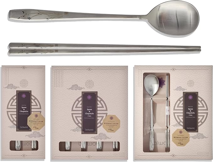 [2 Sets] [Made in Korea] Orchid Design Korean Style Sticky Rice Spoon Chopsticks Set 304 Stainless Steel Soup Spoon Ramen Chopsticks Flatware (2 Sets)