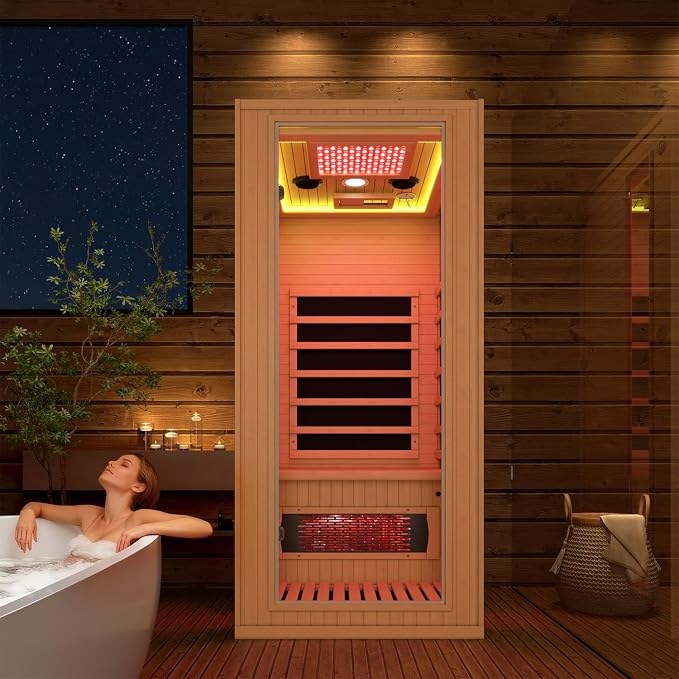 1 Person Infrared Sauna with Red Light Therapy, Full Spectrum Sauna for Home, Indoor Dry Saunas with Rapid Heating 4 Carbon Panels and 1 Carbon Tube, Oxygen Bar and 7 Color Therapy Lights, 110V