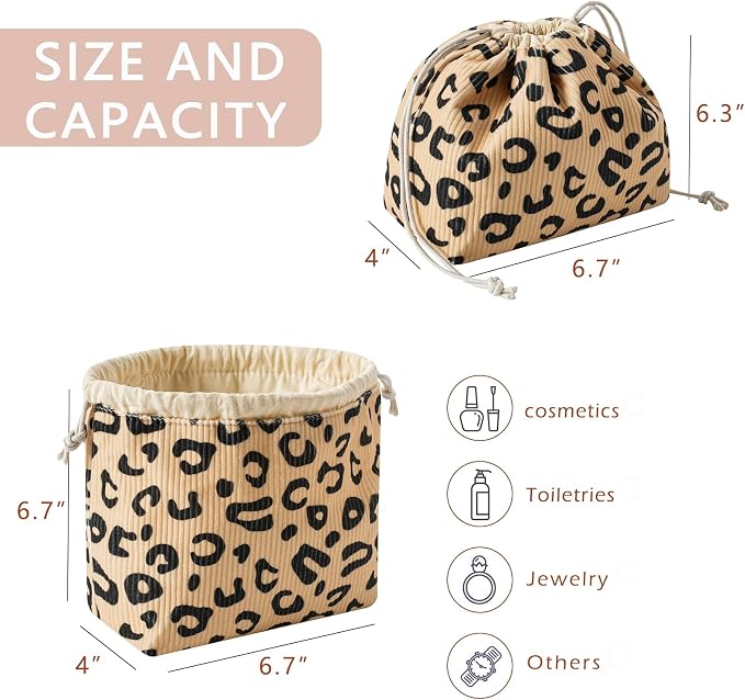 RSRSLEII Aesthetic Corduroy Drawstring Makeup Bag, Cute Coquette Drawstring Cosmetic Bag with Canvas Lining, Leopard Print Travel Makeup Organizer Case for Women Girls (09Khaki Leopard Print)