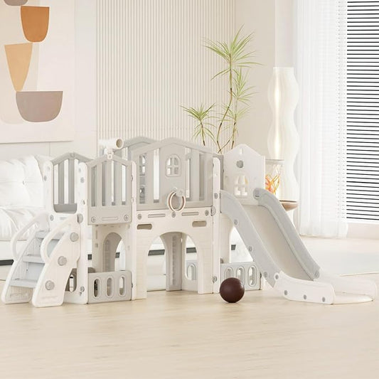 YUFU 9 in 1 Toddler Slide, Kids Slide for Toddlers Age 1-3, Toddler Climber Slide with Ring Toss, Tunnel, Corridor and Basketball Hoop, Toddlers Indoor Outdoor Playset (Beige+Gray)