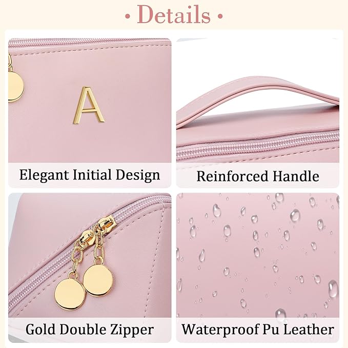 KKXIU Initial Makeup Bag for Women - Personalized Makeup Bag Gifts for Women, Travel Toiletry Bag with PU Leather, Open Flat Design with Top Handle, Cosmetic Bag Set with Multi-Pocket (Pink,A)