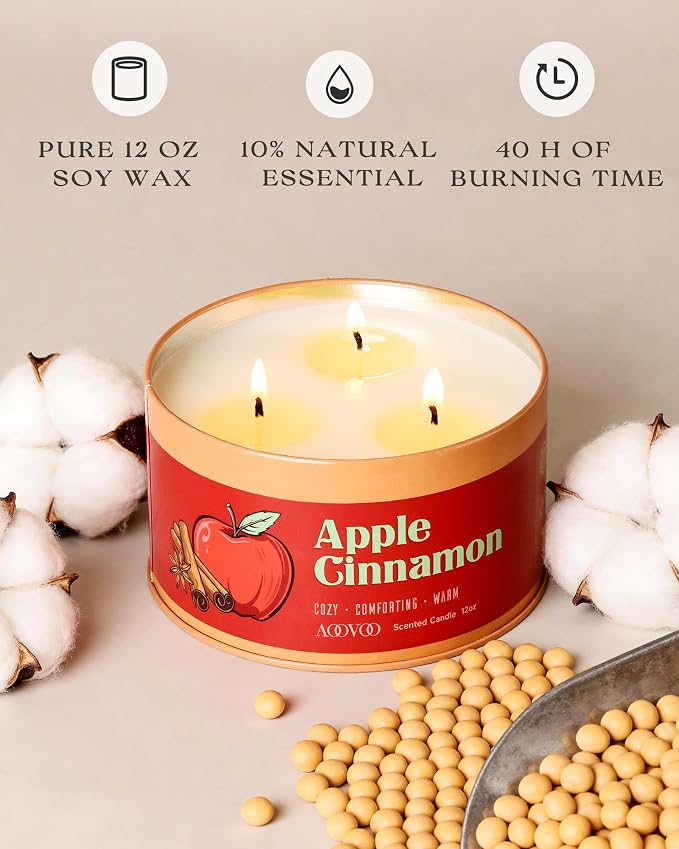 AOOVOO Apple Cinnamon Candle - 3 Wick 12oz Large Fall Candles, Soy Wax Strong Scented Candle Non Toxic, Long Lasting Aromatherapy Candle for Home, Holiday Gift for Women Men
