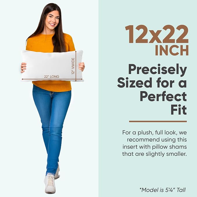 Pillowflex Synthetic Down Pillow Insert 12x22 in - Karate Chop Pillow | Small Rectangle Sham Form, Plush Polyester Cotton Blend, Cloud-Like Comfort, Clump-Resistant Fill, Smooth Elegant Finish