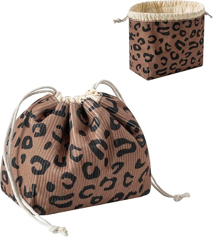 RSRSLEII Aesthetic Corduroy Drawstring Makeup Bag, Cute Coquette Drawstring Cosmetic Bag with Canvas Lining, Leopard Print Travel Makeup Organizer Case for Women Girls (10 Brown Leopard Print)