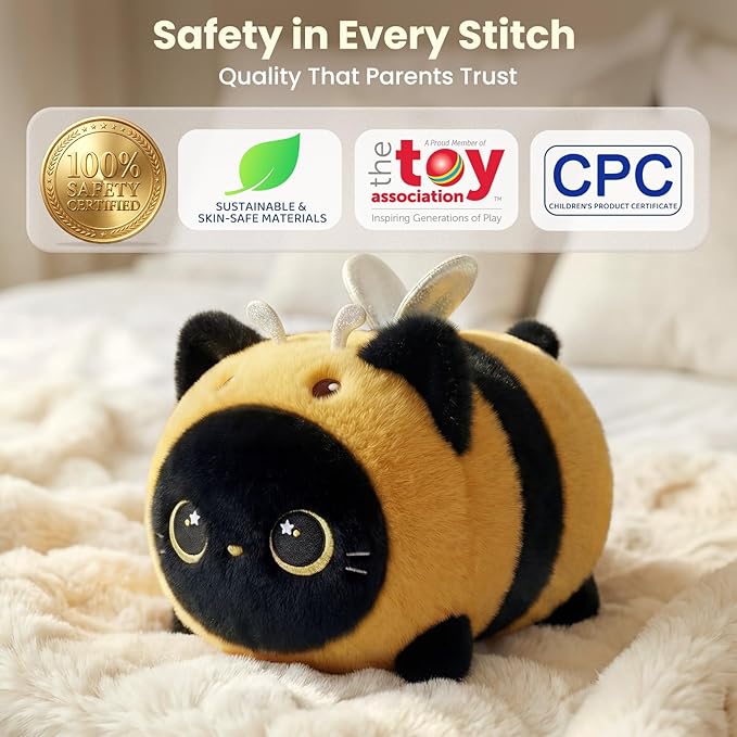 Mewaii Cute Black Cat Bee Plush Pillow, Kawaii Plushies Bee Stuffed Toy, Kitten Plushies with Honeybee Outfit Costume, Soft Squishy Bee Gift for Girls & Kids (8 Inch)