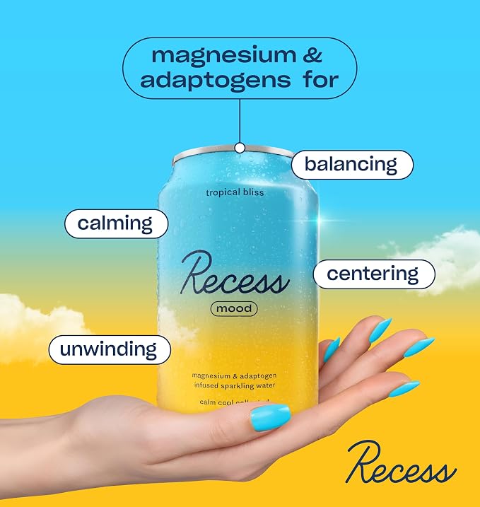 Recess Mood Magnesium & Adaptogen Drink, Relaxation Beverage, 12 ounce (Tropical Bliss, 12 pack)