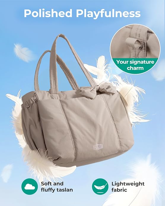 BAGSMART Crush Bow Tote Bag for Women, Puffer Travel Work Yoga Laptop Bag | Large Bow Tote Fits 40oz Tumbler, 15.6" Laptop, Yoga Mat Sleeve, Waterproof Pocket, Travel Work Swim Gym Mom Shoulder Handbag