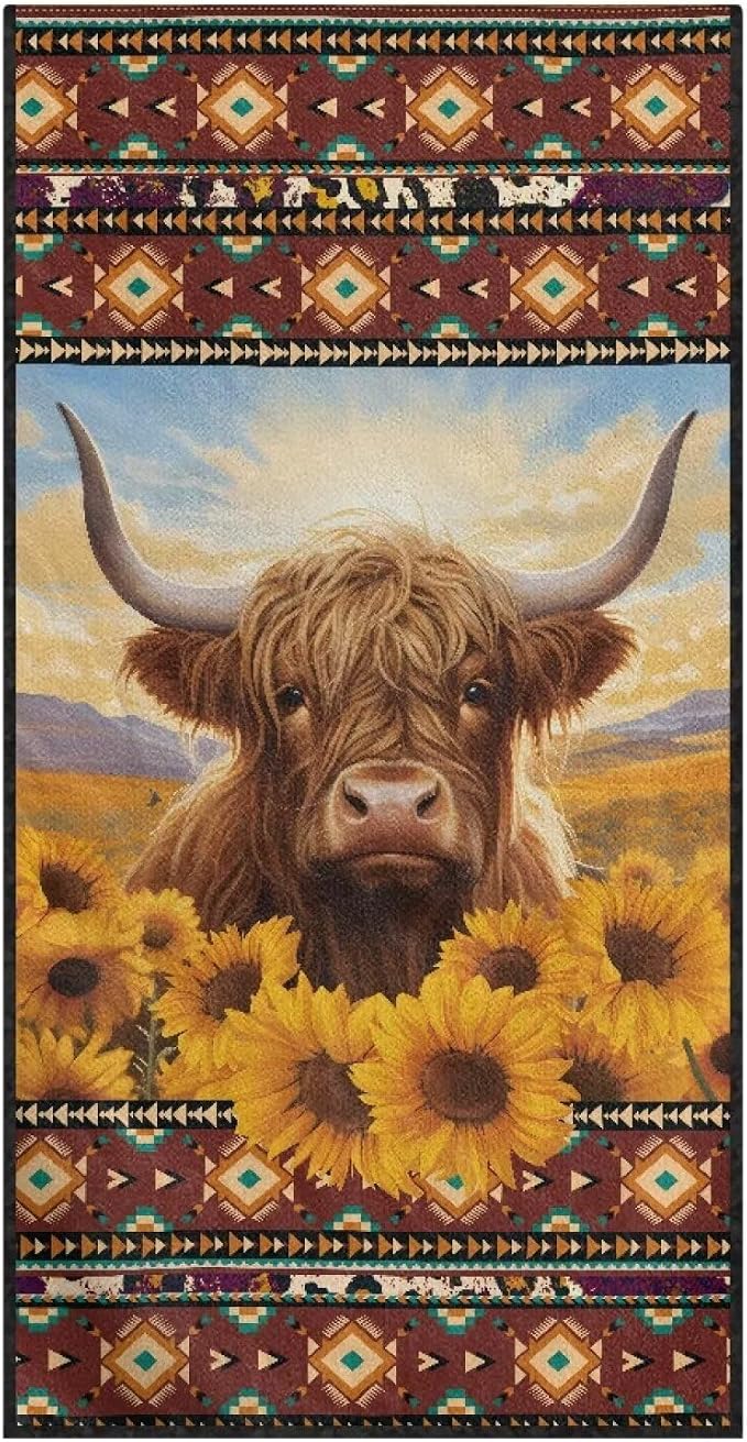 INSTANTARTS Aztec Sunflower Highland Cow Car Seat Towel Cover Yoga Towel Car Seat Cover